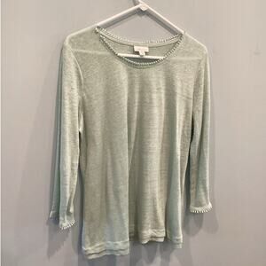 J.Jill Womens Love Linen Shirt Size Medium Sage Green Pom Pom Lightweight Casual